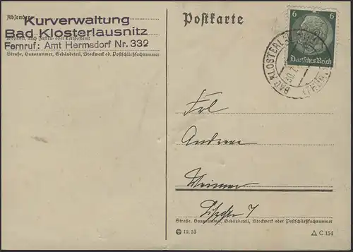Hindenburg 6 Pf EF Carte postale Administration thermale Bad Klosterlausnitz 30.7.41