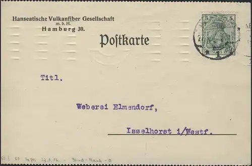 85I Germania 5 Pf EF Postkarte Vulkanfiber Hamburg 27.1.1912