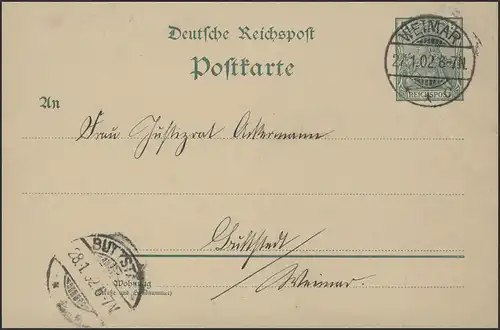 Ganzsache Germania 5 Pf Weimar 27.1.1902 nach Buttstädt 28.1.1902
