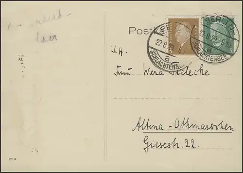Ebert 3 Pf et Hindenburg 5 PF MiF Carte postale Berlin-Baudensee 22.8.1929