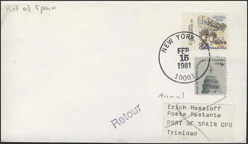 Premier vol des États-Unis New York-Port of Spain/Trinidad, Frères Wright, New-York 15.2.81