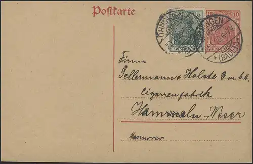 Carte postale P 107 I avec capacite complémentaire, Öhningen/Baden 29.1.1920