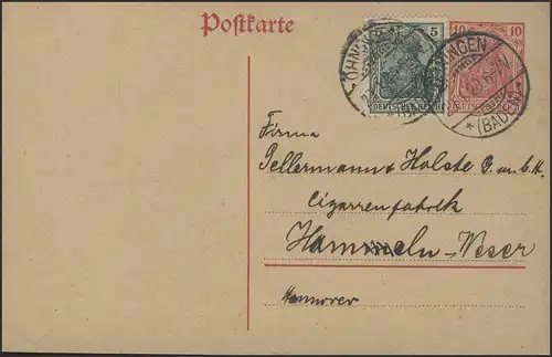 Postkarte P 107 I mit Zusatzfrankatur, Öhningen/Baden 29.1.1920 