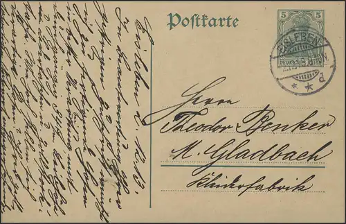 Postkarte P 90I Germania 5 Pf, Eisleben 1.12.13 n. Mönchengladbach/Klinkerfabrik