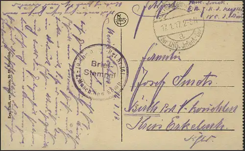 Carte de la liste de l'affiche Feldpost Westende, Masch.-Gew. Company 17.1.17 n. Birth/Niederkr.