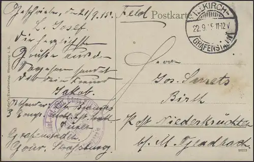 Ansichtskarte Feldpost Straßburg mit Kirche, Illkirch-Grafenstaden, 22.9.1915