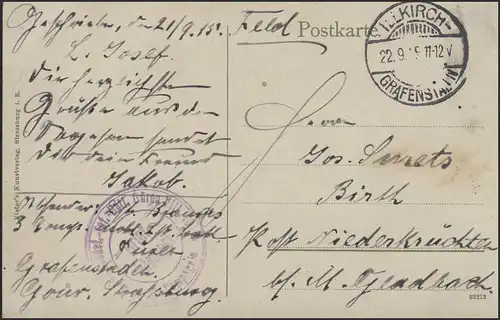 Carte postale de Strasbourg avec église, Illkirch-Grafenstaden, 22.9.1915