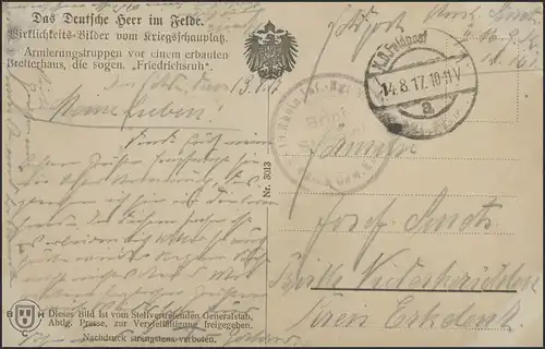 Carte de vue Feldpost Armiertstruupen Betterhaus Friedrichsruh, 14.8.1917