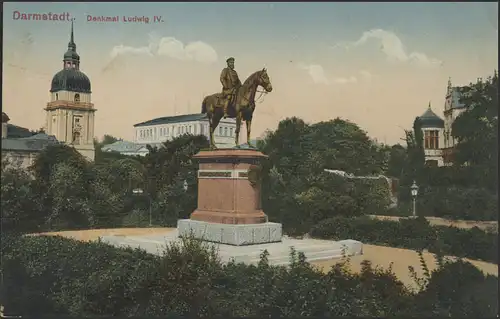 Ansichtskarte Feldpost Darmstadt Denkmal Ludwig auf Pferd, Darmstadt 18.6.17