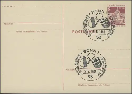 P 70 Bauwerke 8 Pf SSt. Bonn 20 Jahre Status des Europarates 5.5.1969