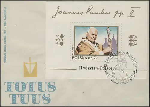 Polen: Papst Johannes Paul II. - Papstbesuch, Block 91 auf Schmuck-FDC 1983