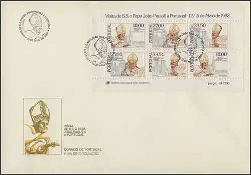 Portugal: Papst Paul II. zu Besuch in Portugal 1982, Block auf Schmuck-FDC
