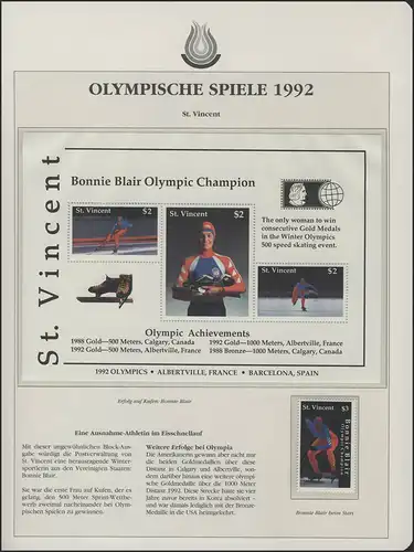 St Vincent 1992: vainqueur des Olympias de patinage rapide Bonnie Blair, marque + bloc **