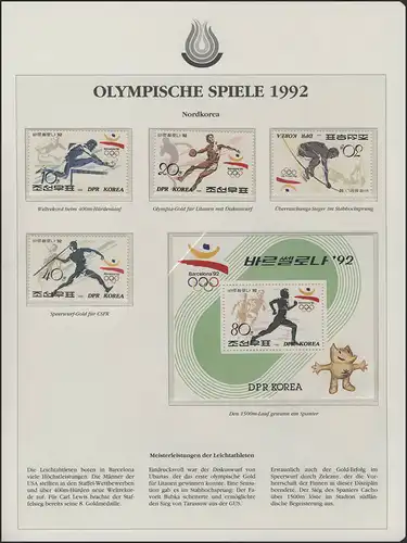 Korea 1992: Leichtathletik Hürden, Diskus, Speer, Laufen 4 Marken + 1 Block **