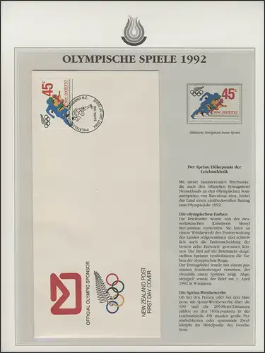 Nouvelle-Zélande 1992: compétitions athlétisme et sprint, 1 marque et 1 FDC de bijoux