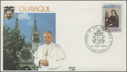 Ecuador: Papst Johannes Paul II in Guayaquil, Schmuck-FDC 31.1.1985