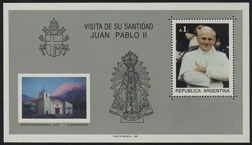 Argentine: Visite d'État du Pape Jean Paul II 1987, bloc **