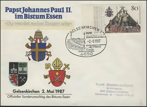 Papst Johannes Paul II in Gelsenkirchen Schmuck-Umschlag mit SSt 2.5.87