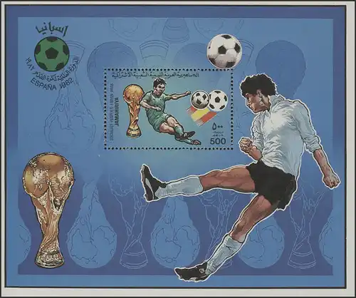 Fußball Libyen: SPANIEN'82 - Kopfballszene, 1 Block mit rückseitigem Zudruck ** 
