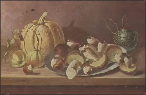 Carte postale de champignons et fruits peints, Poste de Champ 76, 2.2.15 par Delmenhorst