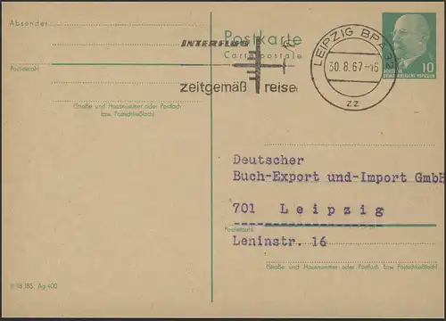 P 75 Ulbricht 10 Pf. Werbestempel Leipzig 30.8.67 INTERFLUG zeitgemäß reisen