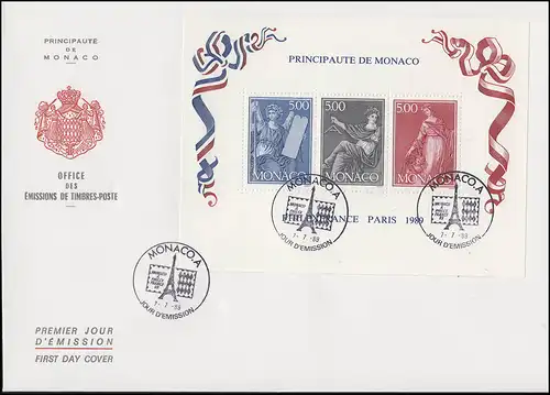 Monaco Briefmarkenausstellung Paris 1989, Blockausgabe auf FDC
