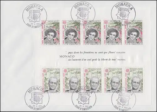 Monaco EUROPA / CEPT 1980: Persönlichkeiten Colette & Pagnol, Block auf FDC