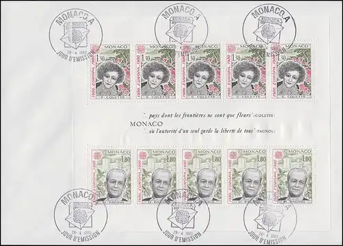 Monaco EUROPE / CEPT 1980: Personnalités Colette & Pagnol, bloc sur FDC