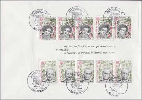 Monaco EUROPA / CEPT 1980: Colette und Pagnol, Block auf FDC