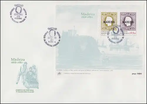 Portugal Madeira Erstausgabe mit Aufdruck Madeira 1868-1980, Block auf FDC