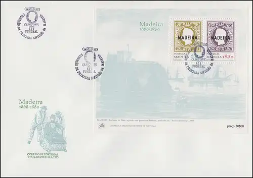 Portugal Madère Première édition imprimée Madère 1868-1980, bloc sur FDC