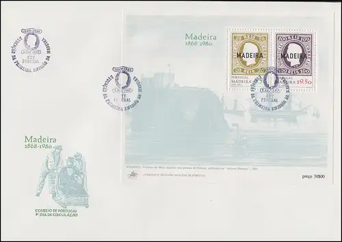 Portugal Madère Bloc 1 imprimé Madère 1868-1980, Block sur FDC