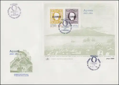 Portugal Açores Première édition imprimée Açores 1868-1980, bloc sur FDC