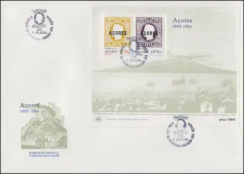 Portugal Azoren Erstausgabe Aufdruck Azoren 1868-1980, Block auf FDC