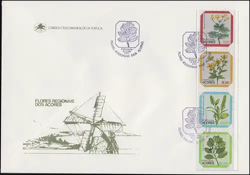 Portugal Açores Flora: Plantes & fleurs, bande de quatre bandes sur FDC