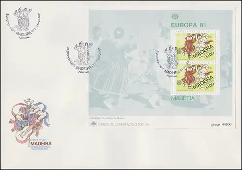 Portugal Madeira EUROPA / CEPT 1981: Folklore Musik & Tanzen, Block auf FDC