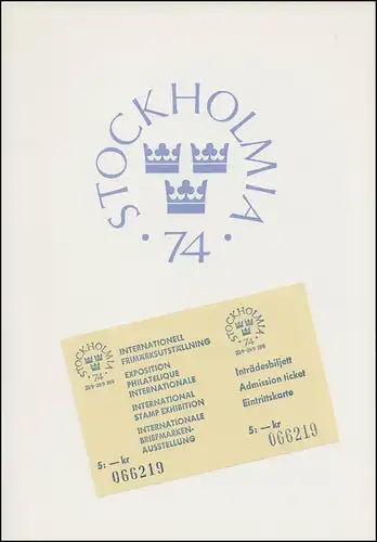 Schweden 4 Sonderblöcke kpl. & Eintrittskarte STOCKHOLMIA 74 im offiz. Folder