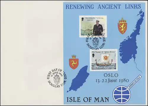 Insel Man Besuch von König Olav V. von Norwegen 1980, Block auf FDC 