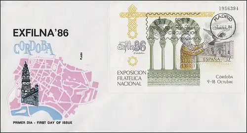 Spanien Briefmarkenausstellung EXFILNA Cordoba 1986 & Traubenpost, Block auf FDC