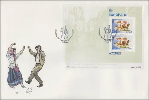 Portugal Açores EUROPE / CEPT 1981 Folklore/ Jeux équestres / Danse, Bloc - FDC