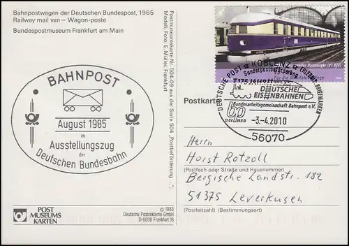 Ansichtskarte Bahnpostwagen der DB von 1965, SSt Koblenz BAG Bahnpost 3.4.2010