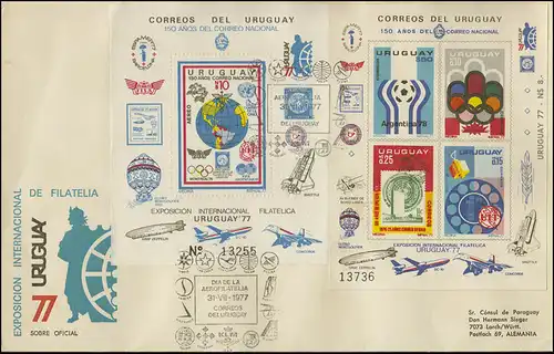 Uruguay Exposition aéronautique URUGUAY'77: 2 blocs sur lettre SSt 31.7.77