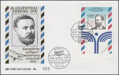 Block 24 Luftpostausstellung LILIENTHAL'91 auf Schmuck-FDC ESSt Bonn 9.7.1991