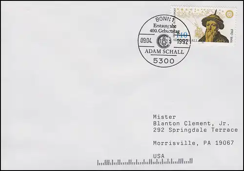 1607 Adam Schall von Bell, EF FDC ESSst Bonn 400. Anniversaire 9.4.1992 aux États-Unis