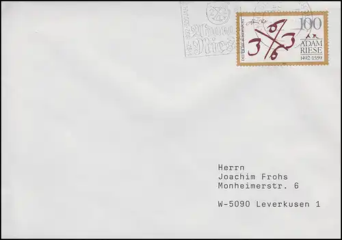 1612 Adam Riese, EF Brief Annaberg-Buchholz Adam Ries Festwoche Juli 1992