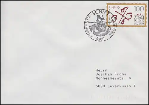 1612 Adam Riese, EF FDC ESSt Bonn 500 anniversaire 7.5.92