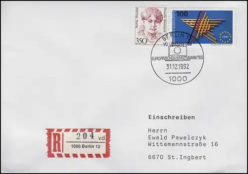 1644 Europäischer Binnenmarkt MiF R-Bf Silvester-SSt Berlin EU-Flagge 31.12.1992