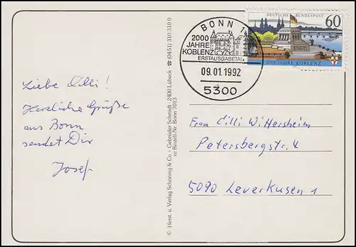 1583y Koblenz, EF FDC-Ansichtskarte Bonn-Panorama ESSt Bonn Koblenz 9.1.1992