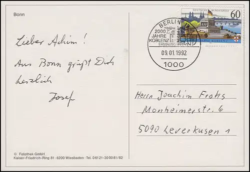 1583y Koblence, carte de vue EF FDC Bonn Beethoven ESSt Berlin Coblenz 9.1.92