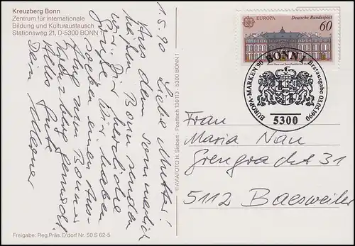 1461 Europe & Postbahn 60 PEF FDC-AK Kreuzberg Bonn ESSt Bonn Wappen 3.5.90